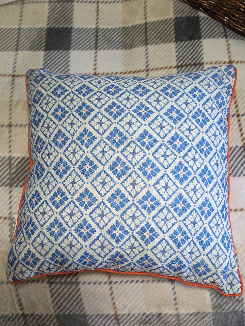 3 Blue, White and Orange Geometric Pattern Decorative Pillows